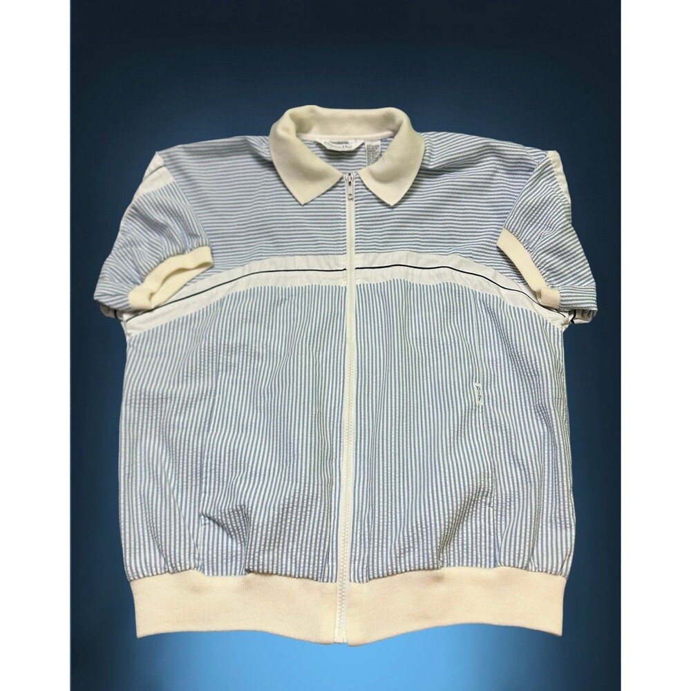 Christian Dior  Vintage Light Blue & Cream Short-Sleeve Zip Polo Sweater XL